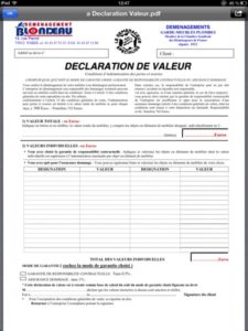 déclaration de valeur de déménagement Déclaration de valeur Blondeau