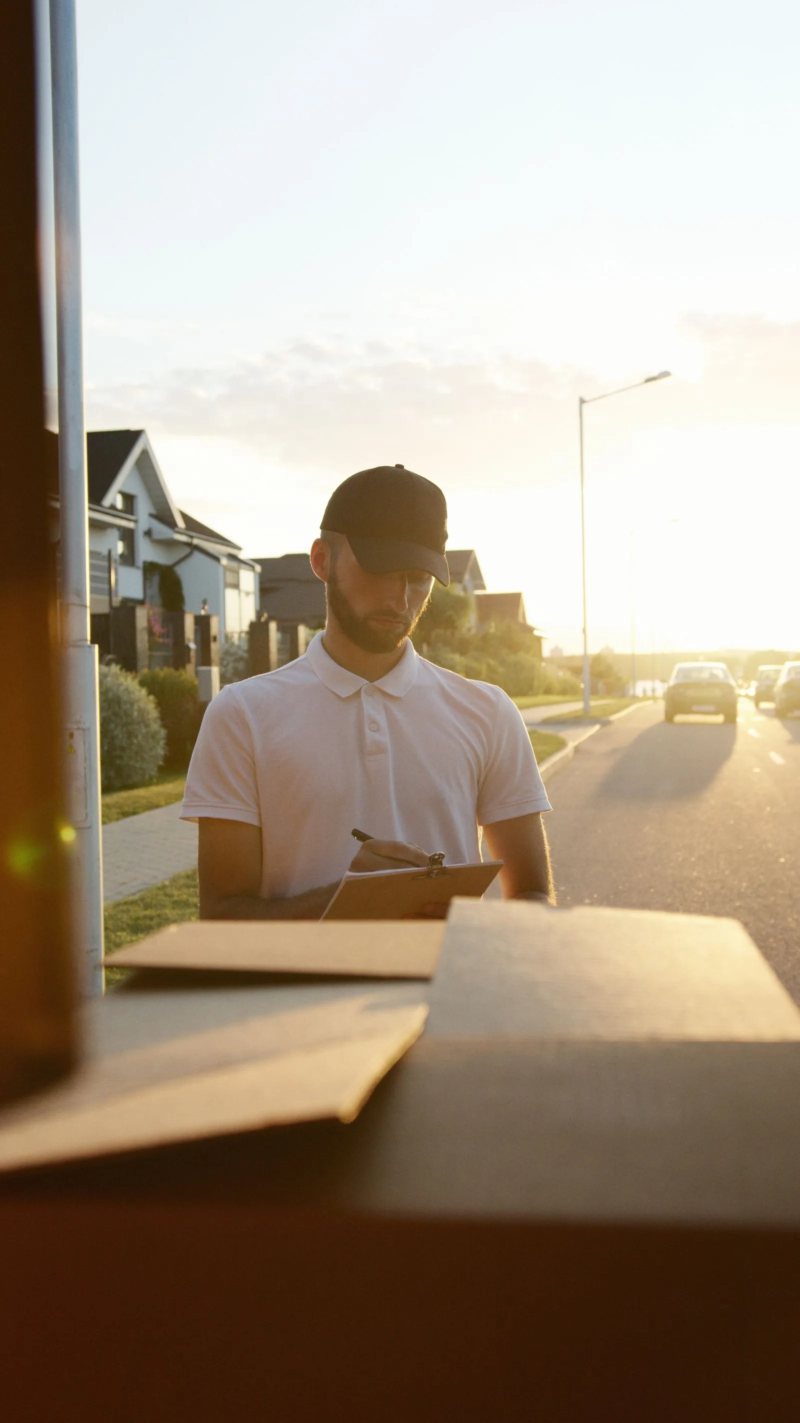 Déménageurs Blondeau portant des cartons tôt le matin lors d'un déménagement à Joinville-le-Pont